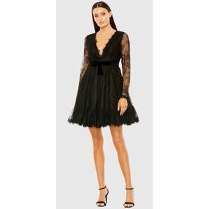 Mac Duggal Long Sleeve Deep V Lace Babydoll Dress‎ 49794 Black Size 2 NEW